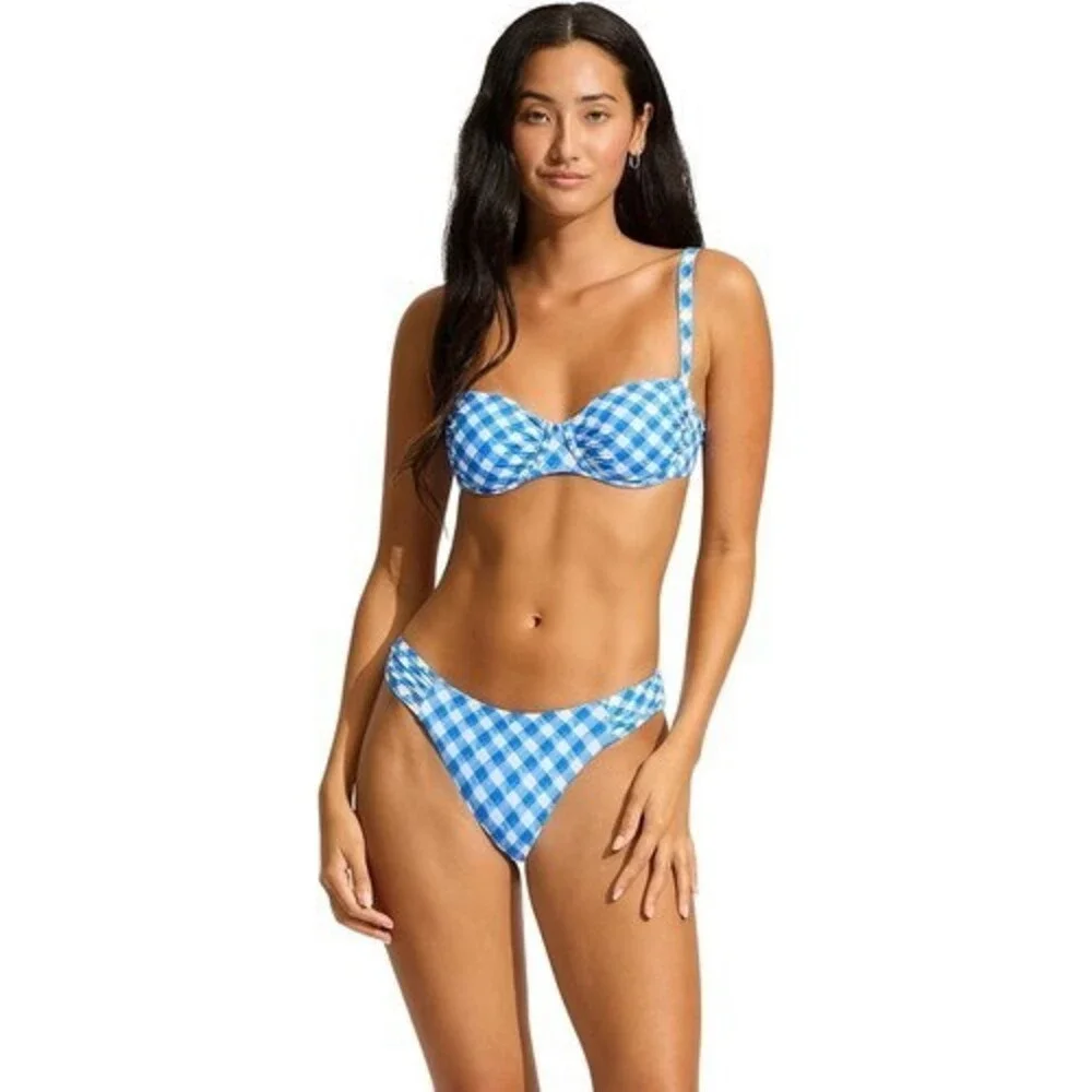 Seafolly Ciao Bella Underwire Bra Women's 6 Azure Check Ruched Swimwear BUU948 - Picture 6 of 6